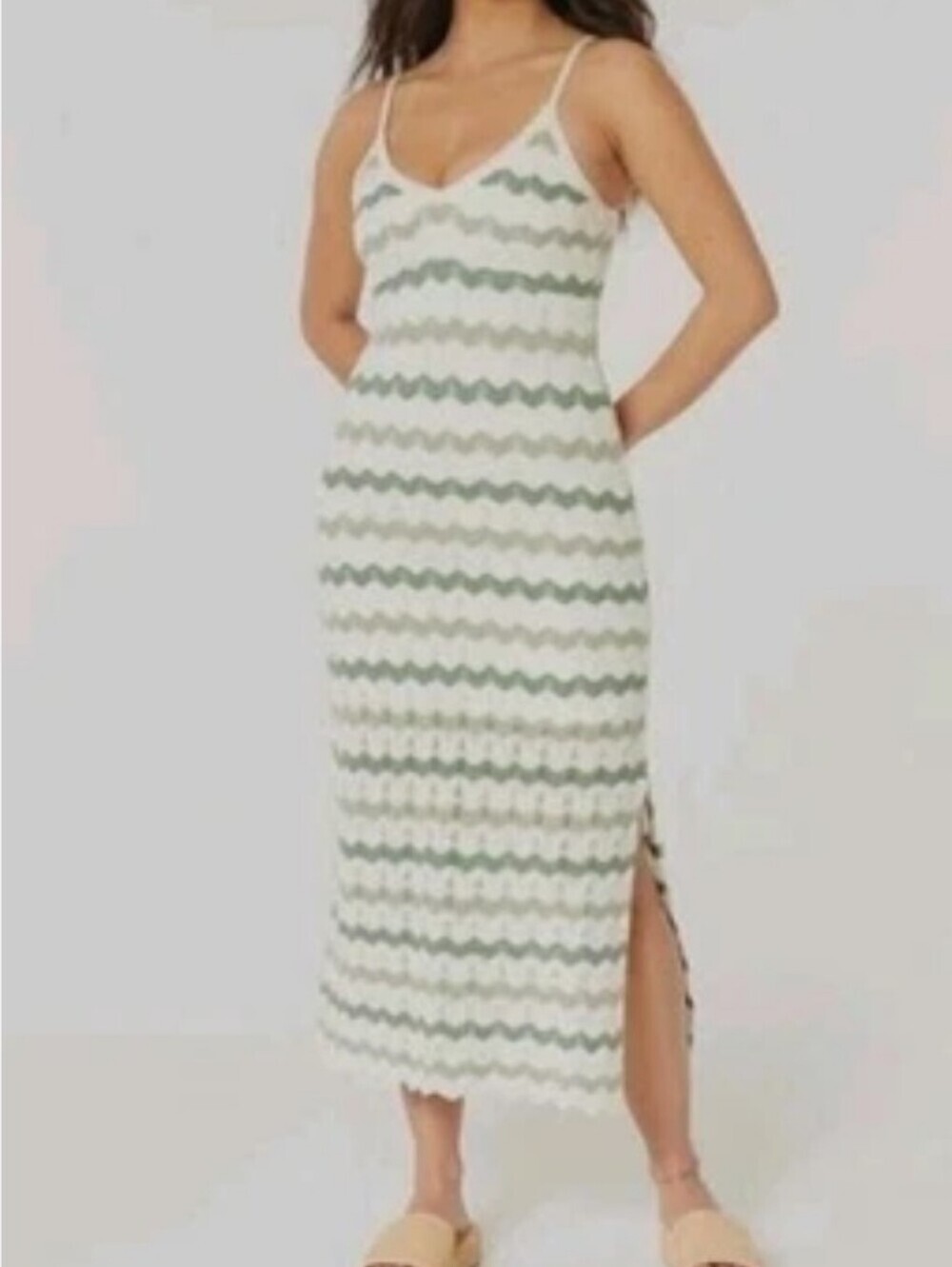 HOLLISTER Crochet Style Knit Midi Dress, Green & White Zigzig Striped Pattern, M